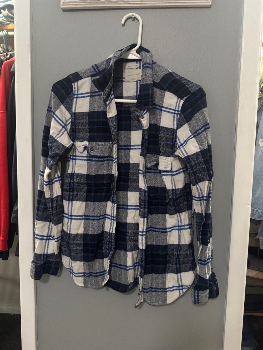 American Eagle Outfitters Navy and White Plaid Button-Down Shirt